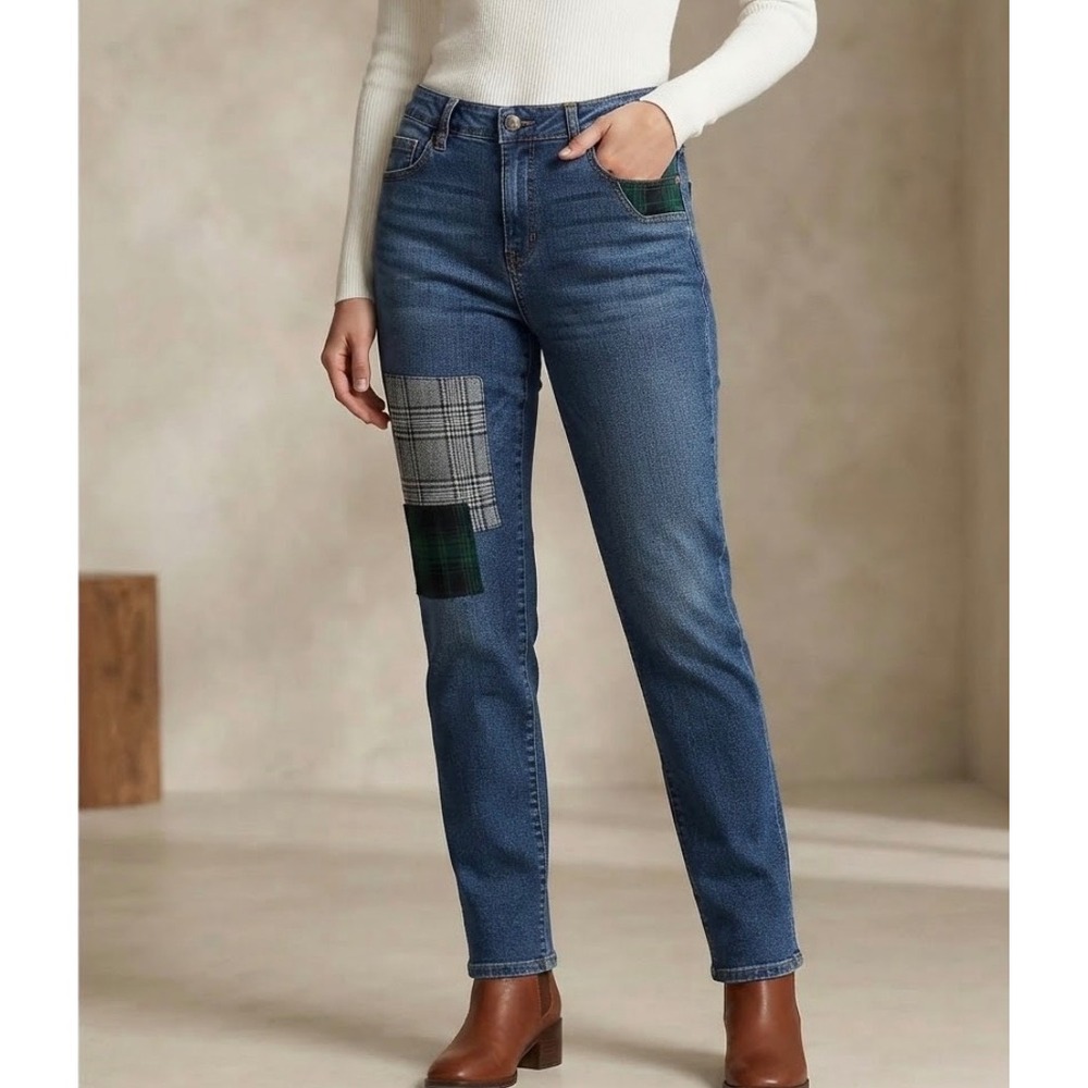 d.jeans Womens Size 8 Patchwork Plaid Tartan Straight Leg Denim Blue Jeans